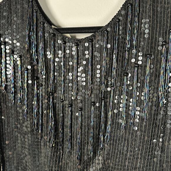 Vintage Swee Lo Black Sequins Beaded Fringe 100% Silk Blouse Women's Medium - Picture 3 of 8